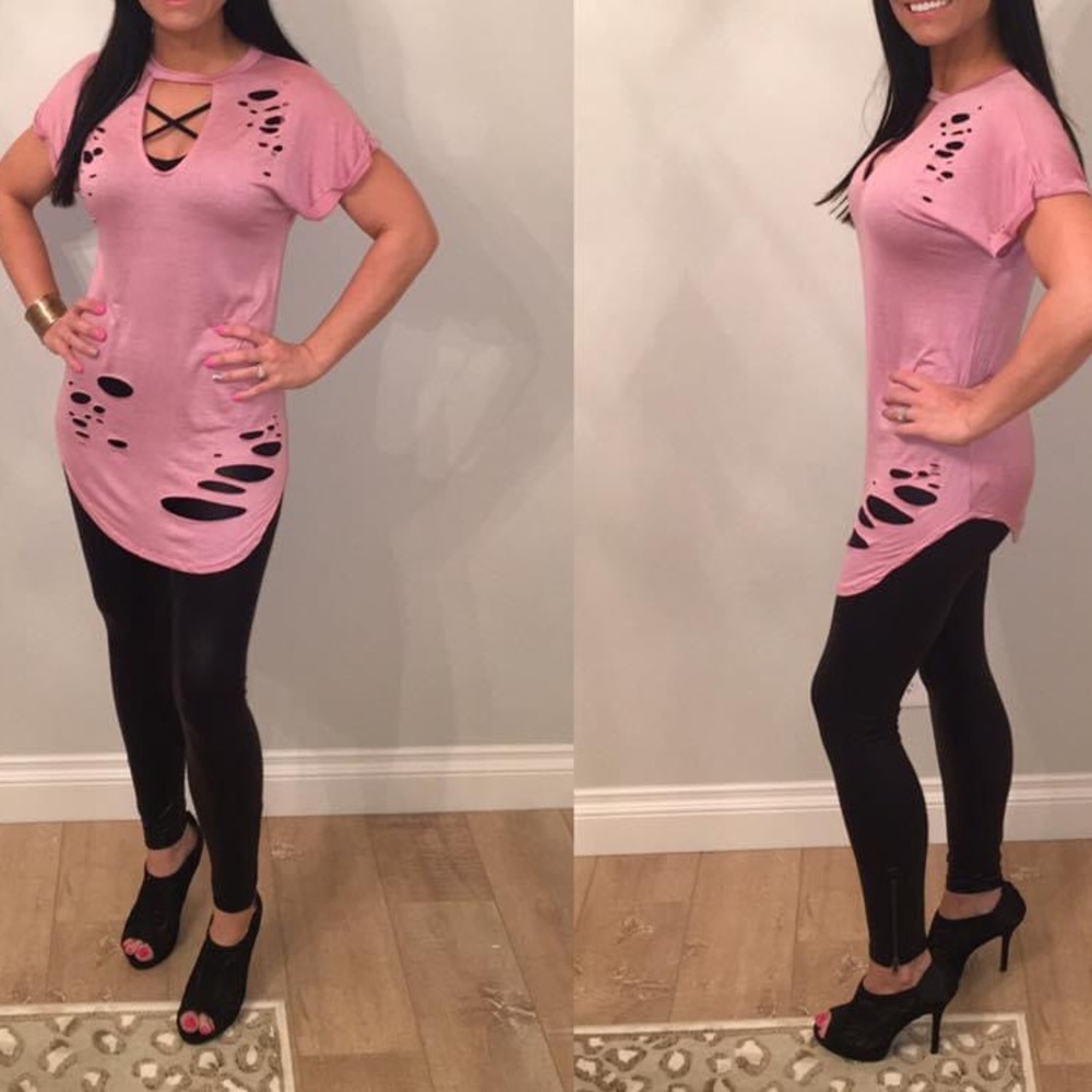 Distressed Rose Pink Choker Tee Small